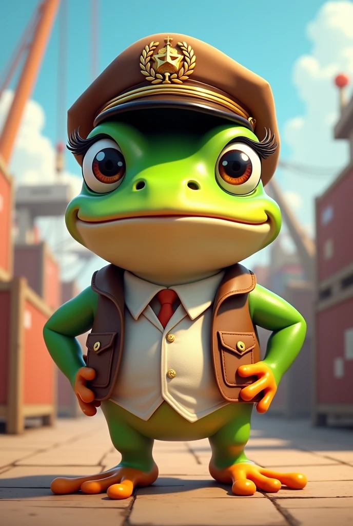 Cartoon of a frog wearing a waistcoat and customs helmet of a goods exporter