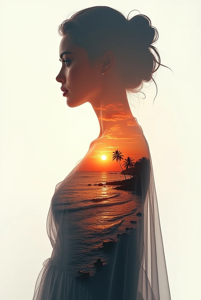 high quality, 8K Ultra HD, A beautiful double exposure that combines an goddess silhouette with sunset coast, sunset coast should serve as the underlying backdrop, with its details incorporated into the goddess , crisp lines, The background is monochrome, sharp focus, double exposure, by yukisakura, awesome full color,