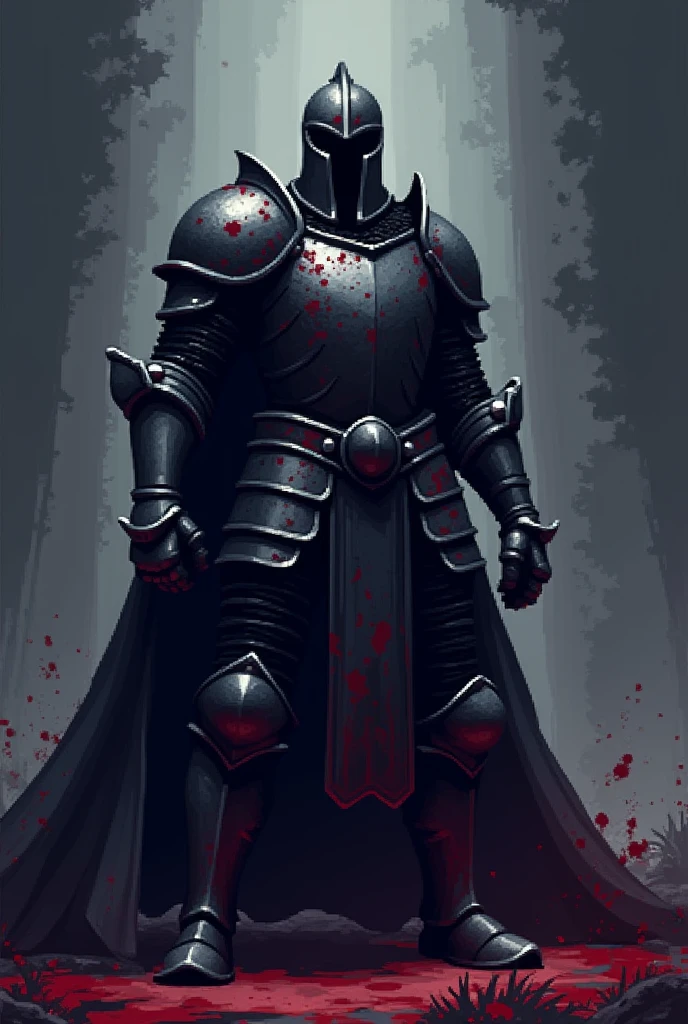 An 8bit video game image of a bloodied black knight 