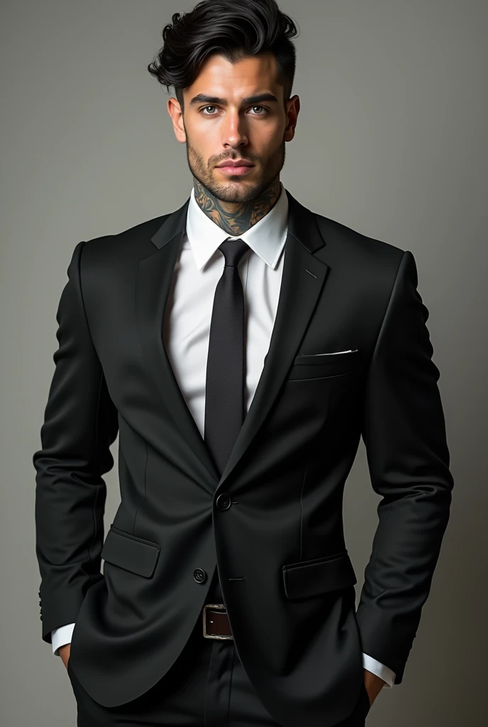 Very handsome and sexy man with black hair and grey eyes, just by looking at him I wet my panties, Visible tattoos on the neck and hands,A full-body photo in a muscular businessman&#39;s suit that exudes power.