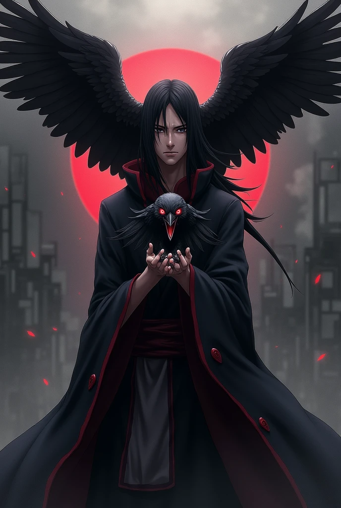 Itachi Uchiha with screaming crow on his fingertips with a sharingan look in the background