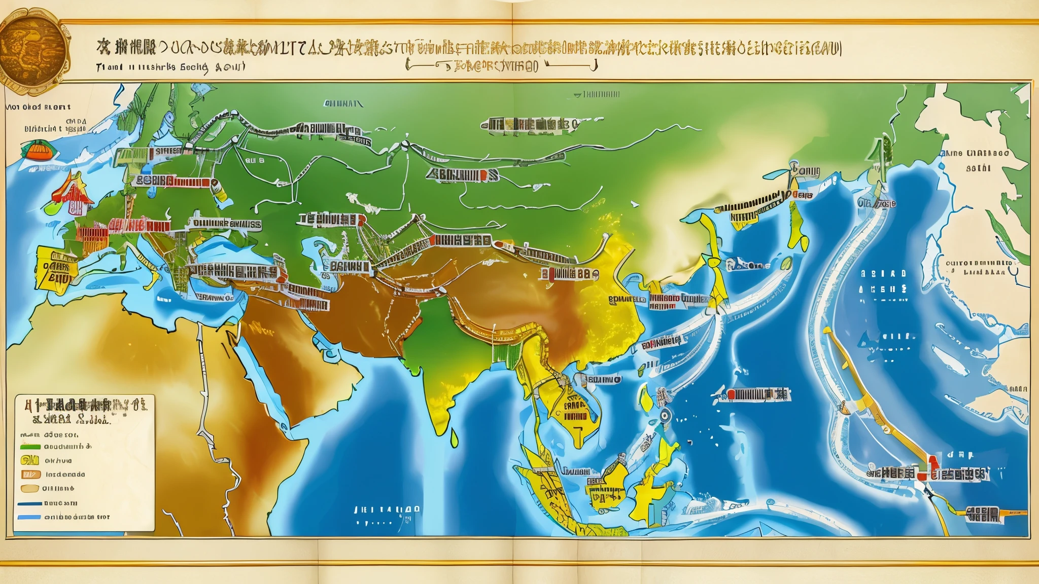 A detailed illustration of the (((Silk Road trade routes))), showing merchants at different stages of the journey, from the beginning in China to the routes leading to Europe and Africa. The environment must capture the diversity of [landscapes] and cultures along the way.