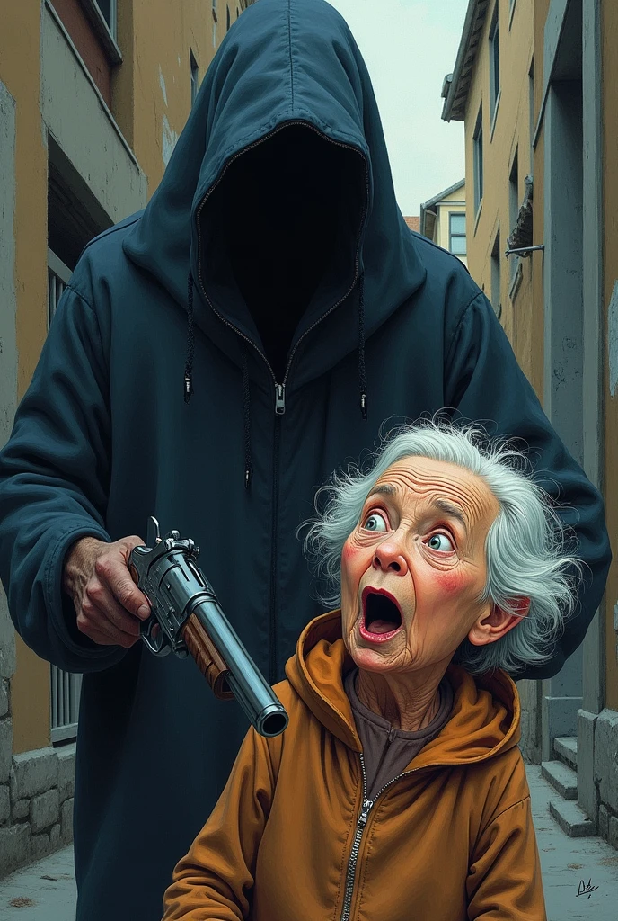 Create an old woman scared by a hooded man with a gun in a drawing for children