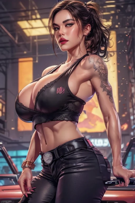 1womanl, ponytail hair, Ablaze huge tits, boba, legging rosa, realisitic, 8k, real scale, Ablaze, sexly, wet look, ((Enormously huge boba boobs)), gigant ass