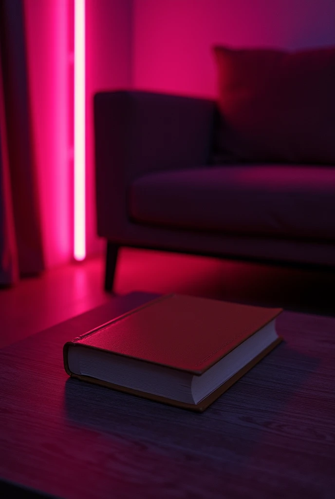 A brown book lies against the background of a dark living room, neon pink light, glint, Shine