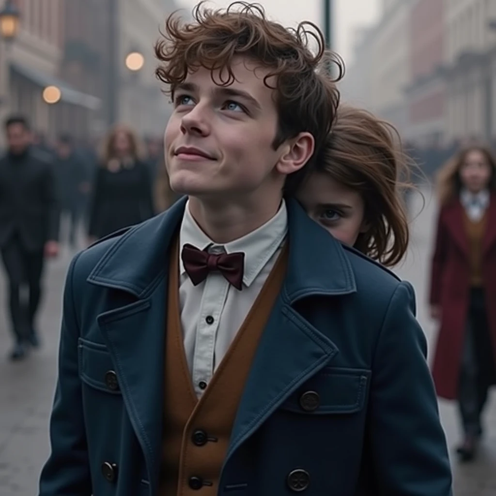Newt scamander hugging a girl with wavy brown hair and blue eyes