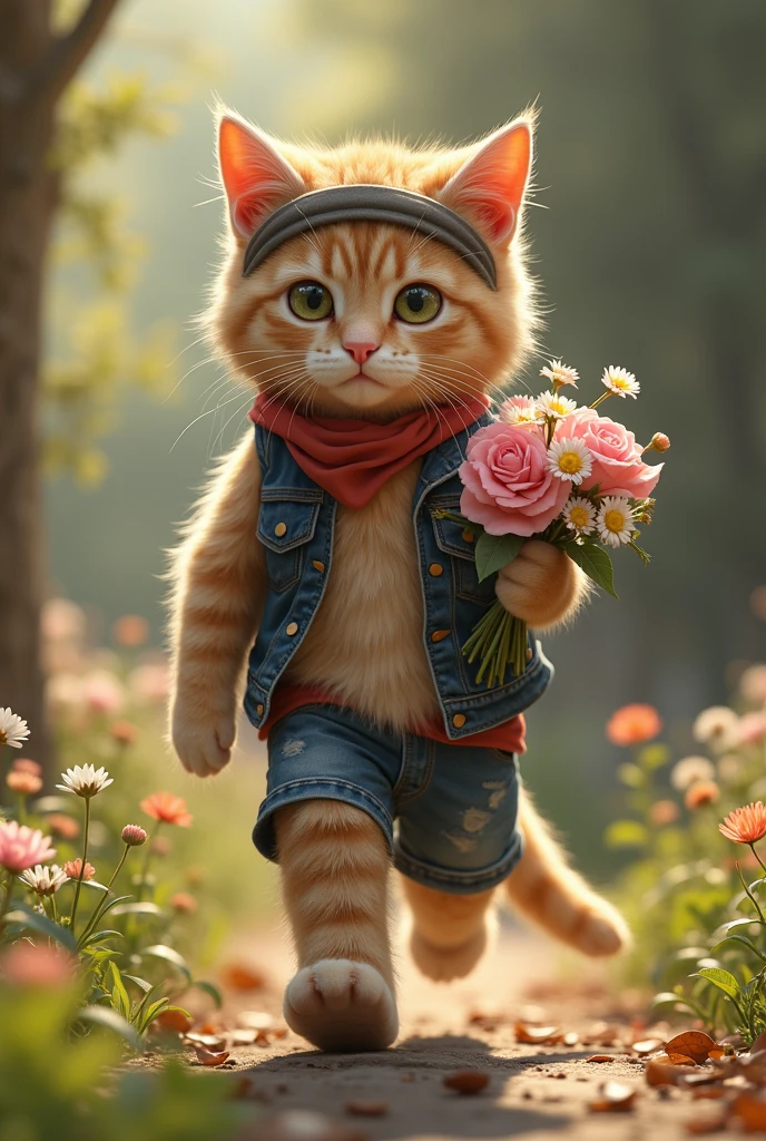 "A tender and determined cute anthropomorphic cat puppy, dressed in a torn vest, in his hands a bouquet of flowers, shorts and a headband, walks in a solid place. The cat's fur is fluffy and well-groomed, which Add a touch of charm to your fierce training session, 8k resolution, cinematic, also an image of the same cat in a cemetery with flowers