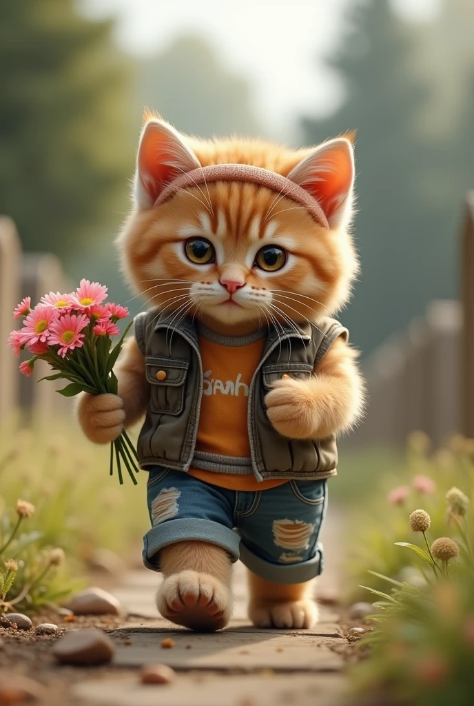 "A tender and determined cute anthropomorphic cat puppy, dressed in a torn vest, in his hands a bouquet of flowers, shorts and a headband, walks in a solid place. The cat's fur is fluffy and well-groomed, which Add a touch of charm to your training session, 8k resolution, cinematic, also an image of the same cat in a cemetery with flowers