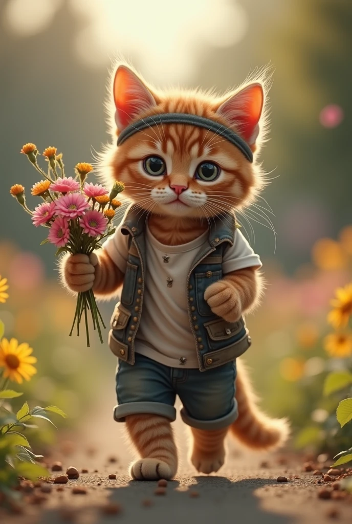 "A tender and determined cute anthropomorphic cat puppy, dressed in a torn vest, in his hands a bouquet of flowers, shorts and a headband, walks in a solid place. The cat's fur is fluffy and well-groomed, which Add a touch of charm to your fierce training session, 8k resolution, cinematic, also an image of the same cat in a cemetery with flowers