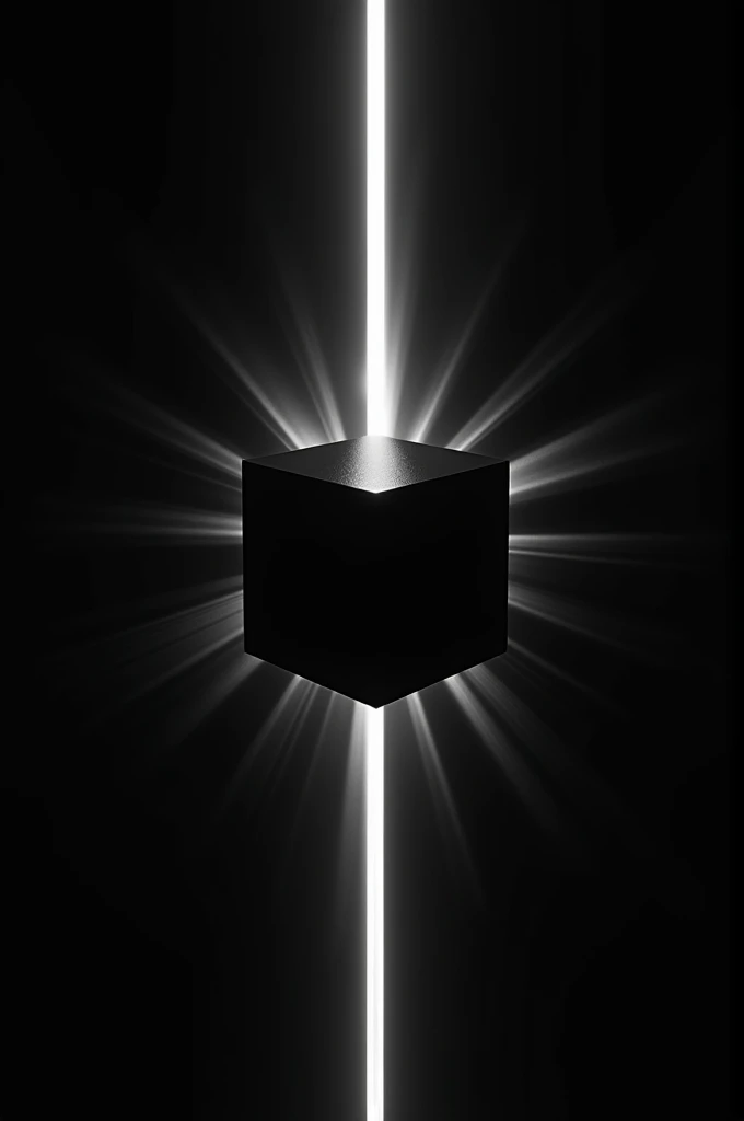 Black image with a cube and rays