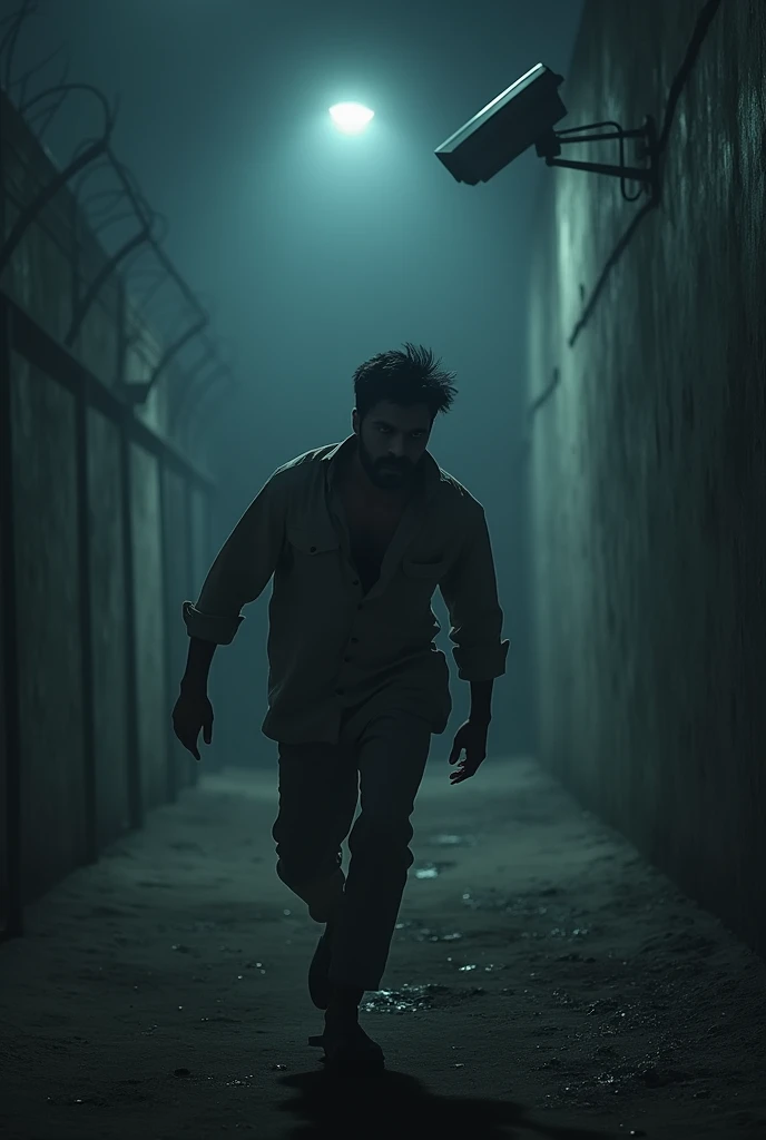 An indian man escaping from a prison in the night and one cctv in the background