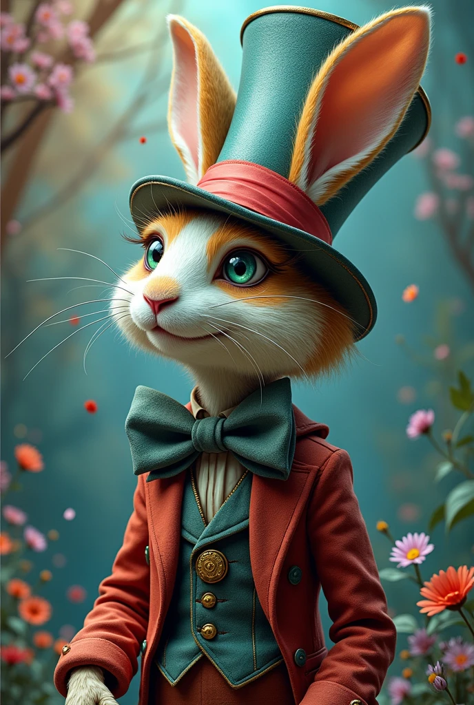 Create a wallpaper of the Hatter from Alice in Wonderland merged with the rabbit