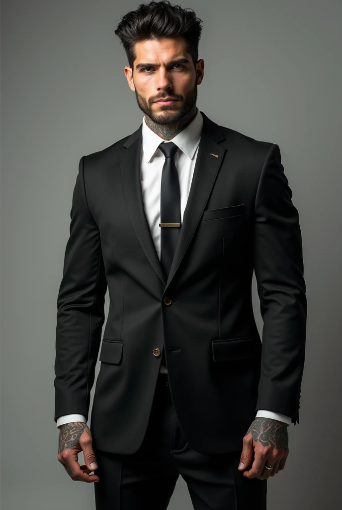 Very handsome and sexy man with black hair and grey eyes, just by looking at him I wet my panties, Visible tattoos on the neck and hands,a full body photo in a muscular businessman's suit that exudes power but the hair should not be so short like a sucked mango.