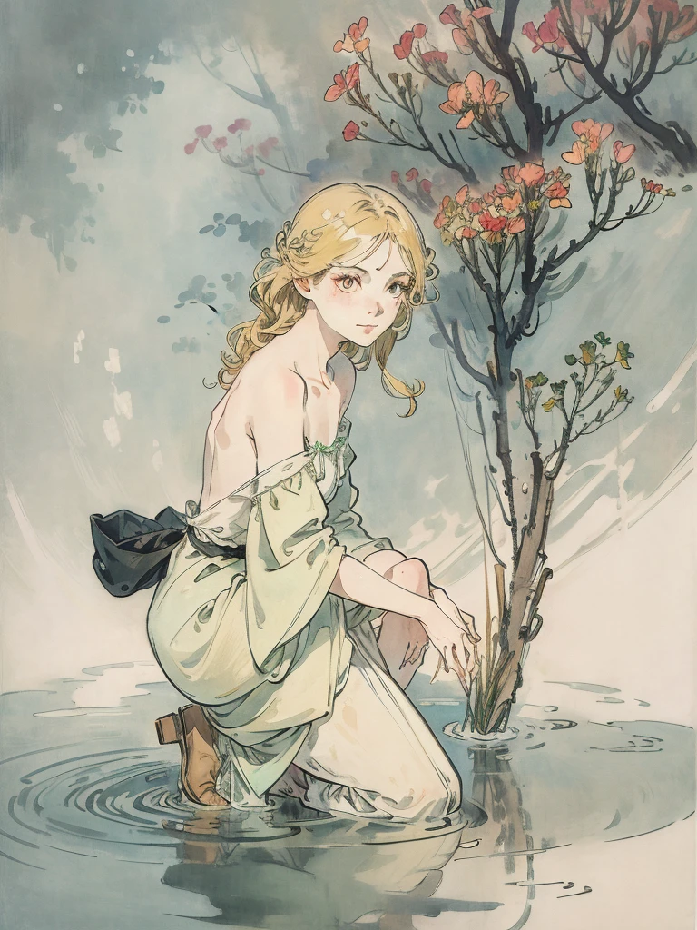 SFW,tabletop, best qualityer, high resolution, 1 girl in, whole body, detaileds , detail of hands, detail fingers, face detail, Legs detail, 1 girl in, Leprechaun, looking to the down, flowers garden, black sky, atmospheric pollution, water color painting, pale skin, , hair blonde, long hair, Wavy hair, saddened, sad smile, greeneyes, tareme, medium breasts, white summer dress, bare back, Kneeling, tree planting