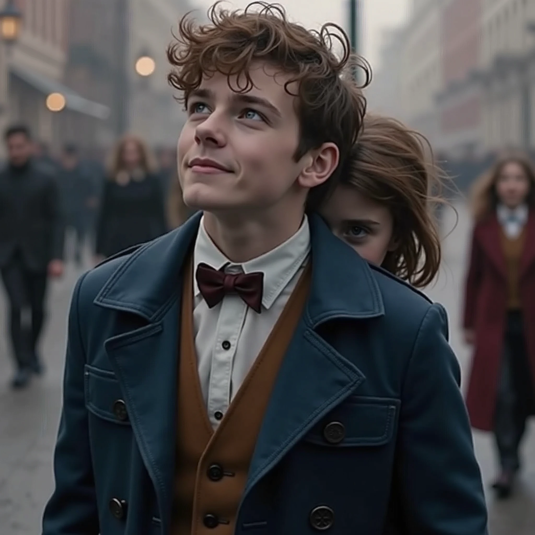 Newt scamander hugging a girl with wavy brown hair and blue eyes