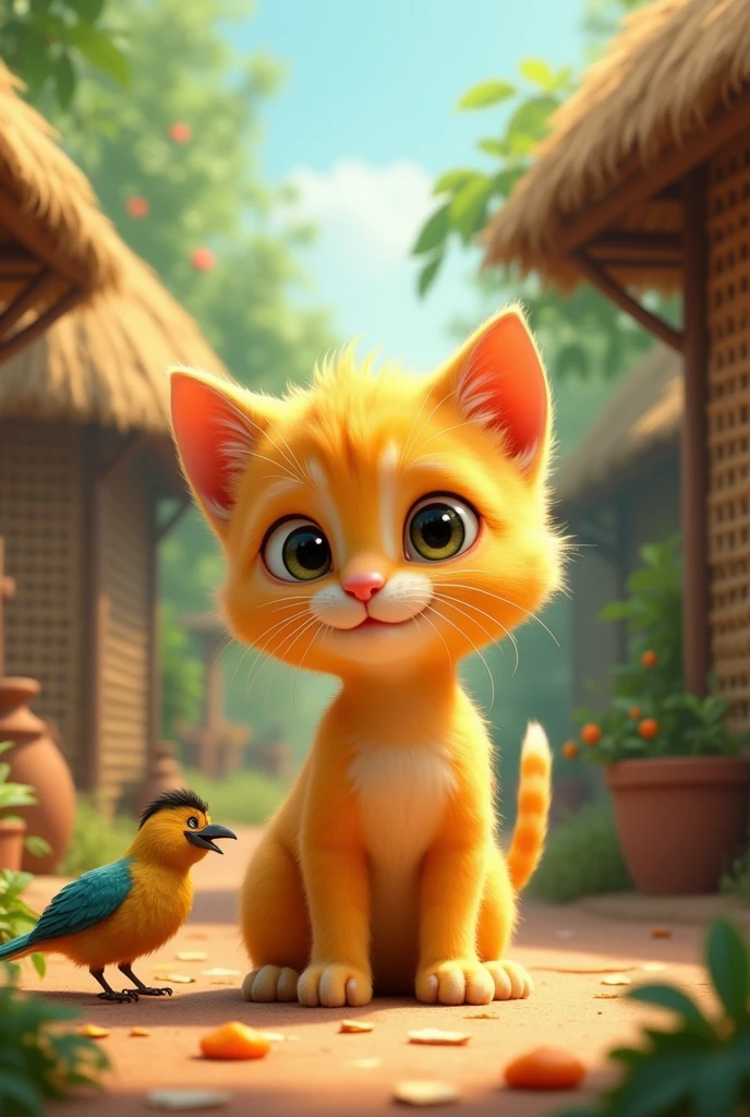 Un jolie jolie petit chat jaune avec dans un village africain avec ou oiseau mangeant quelque chose