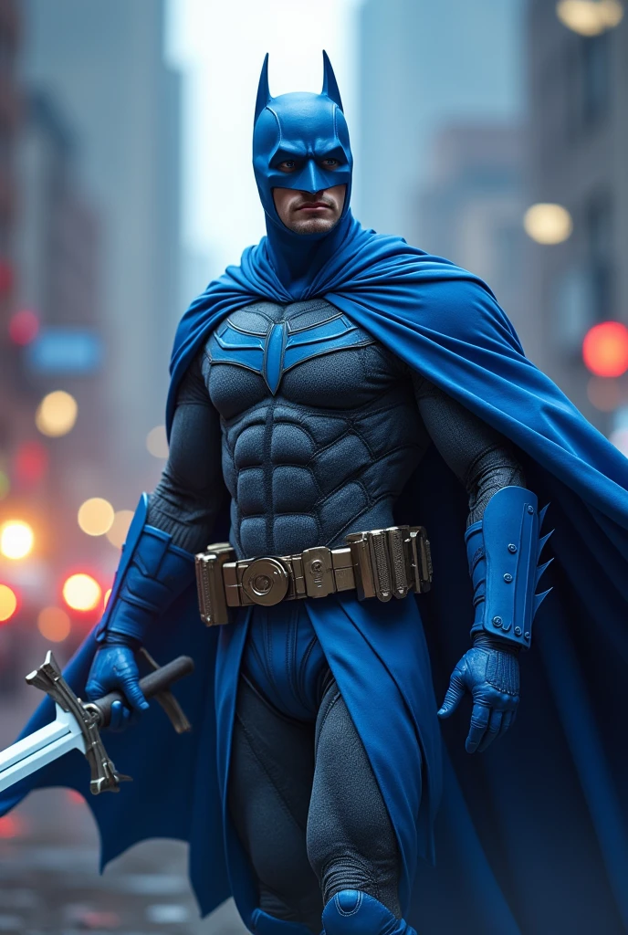 Create a blue caped war warrior in battle