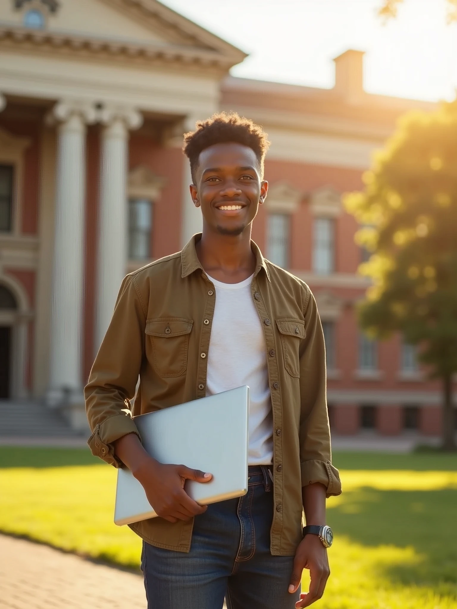 real person african student holding laptop standing in front of university sun light.