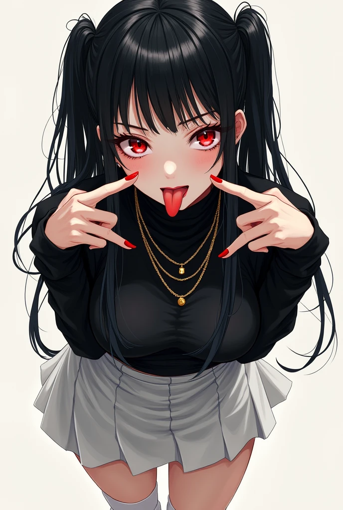 Créer une fille manga avec de longs cheveux noirs et une frange, red eyes, pale skin a black turtleneck and a white skirt, high white socks, golden necklaces, red luscious lips, de longs cils, long red nails, she is facing forward with two fingers of her left hand on each side of her mouth and sticking out her tongue she is leaning slightly forward with her thighs tight and her right hand behind her back. She has two small high pigtails in her hair.
