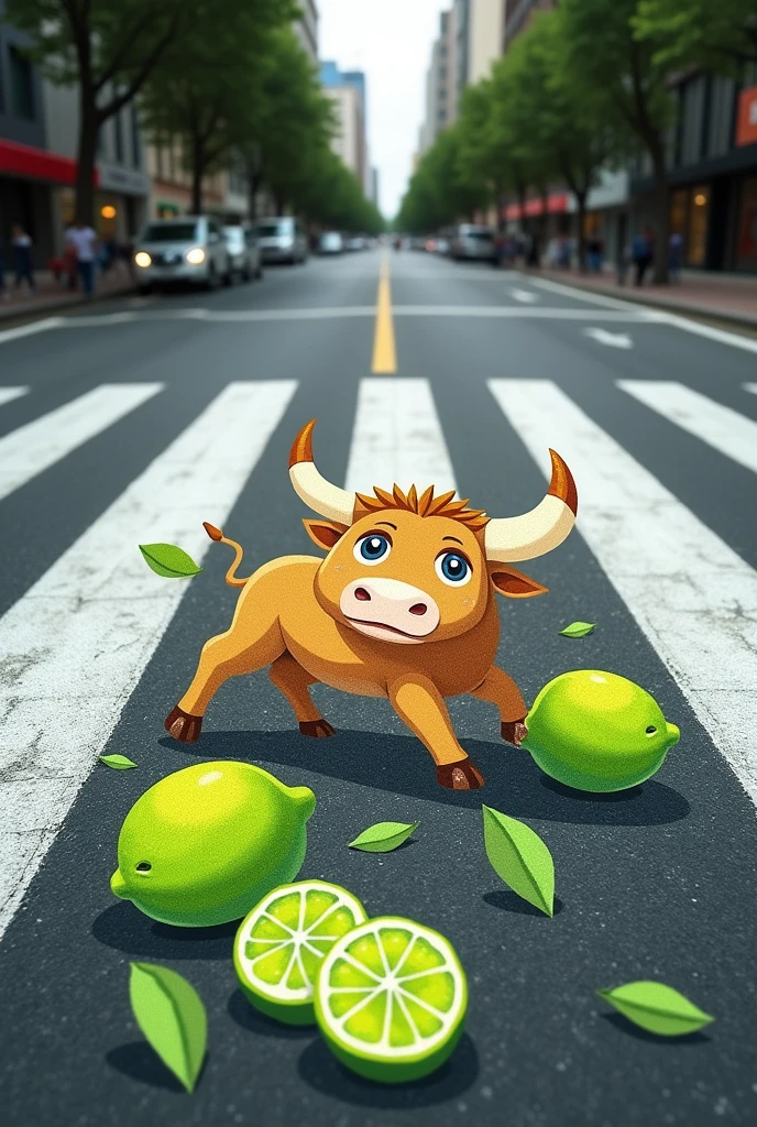 Pedestrian crossing painted on the ground with the theme of the little bull and limes