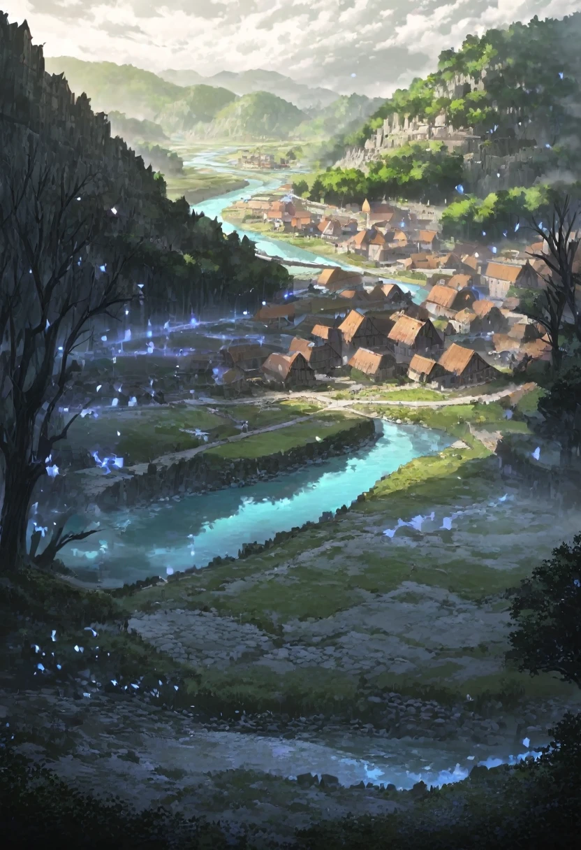 Artwork, excessive brutalism, (dreamy landscape), stunning landscape, Clear scenario, small village, Raby, Medieval Village, fancy, river passing through the village, elven houses, big tree in the background