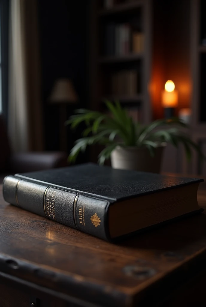 A black book lies in a cupboard against the background of a dark living room, glint, Shine