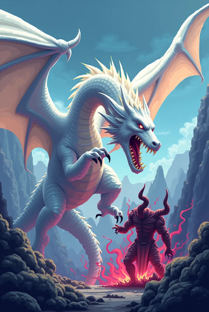 A 64bit retro video game image of a white dragon eating a demon