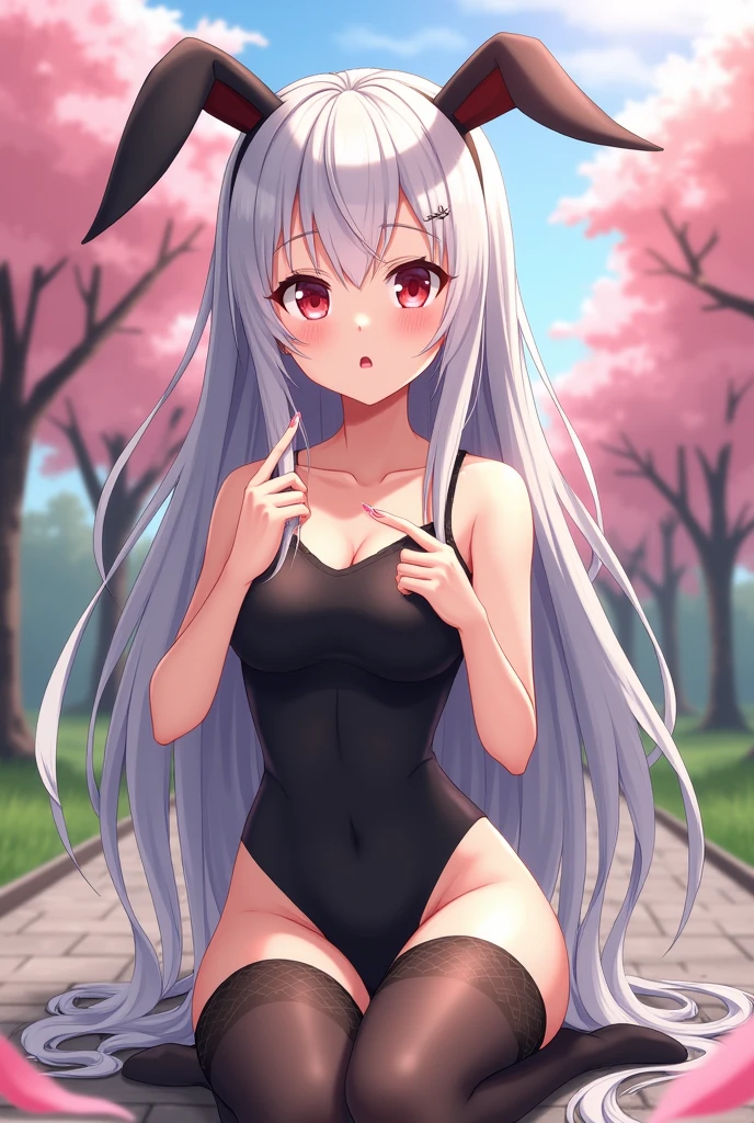 Anime girl with long grey hair, Black rabbit ears, black swimsuit, black mesh tights, Red eyes, white, in a park background with trees with pink leaves, con la boca cerrada y en haciendo🤞con los dedos sorprendida sentada