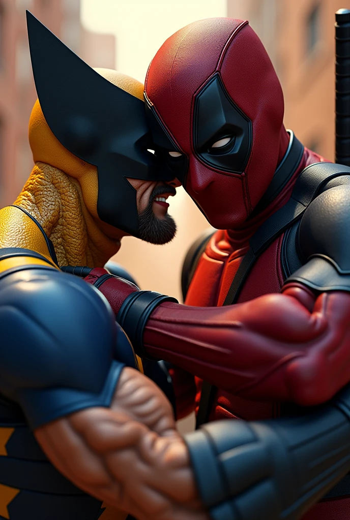 (best quality,4k,highres:1.2),ultra-detailed,(realistic,photorealistic:1.37),Deadpool fighting against WOLVERINE, from Marvel hero,extremely detailed eyes and face,longeyelashes,full-body shot,illustration,dynamic pose,[red and black costume],sharp focus,physically-based rendering,vivid colors,action-packed scene,high contrast lighting,comic book style.