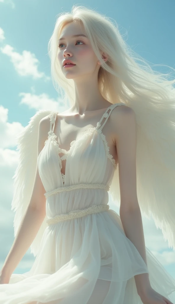 (beautiful金髪女性, beautifulAngel, whole body:1.3),(White skin:1.8),(beautiful小さな胸:1.35),(Angelの輪, Angelの羽根:1.4), beautiful, masterpiece, Beata Undine, Angel, Angelの輪, Highest quality, Highly detailed face, Looking at this, (A thin, sheer long dress, The skin is transparent:1.4), Perfect lighting, 1人のbeautiful女性, alone, , Sitting, blush, sky heaven clouds