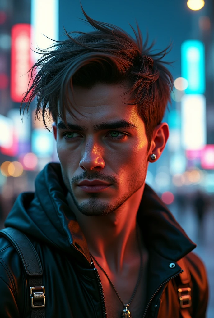 Create a picture in the artstyle of Cyberpunk 2077 of a young man, with short brown hair, green eyes and a light beard with piercings on his ears