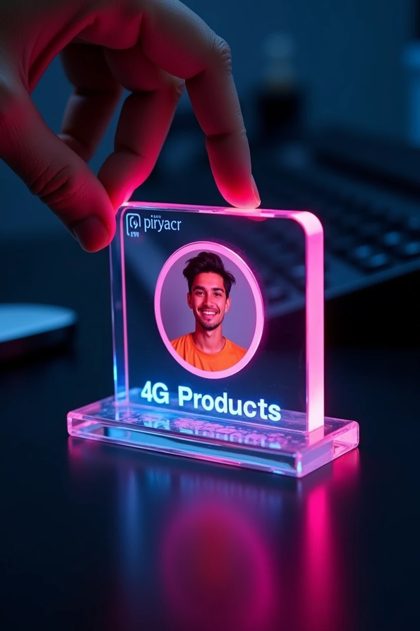 Notice: Create an Instagram profile on a glass name card on a black desk displaying the Instagram logo and a realistic profile picture of a teenager in a circle and "3AG Products" It is written in bold below the profile photo and 100 are written.000 followers, The Instagram card is glowing in pink and blue on the edge. A corner is held with two fingers.