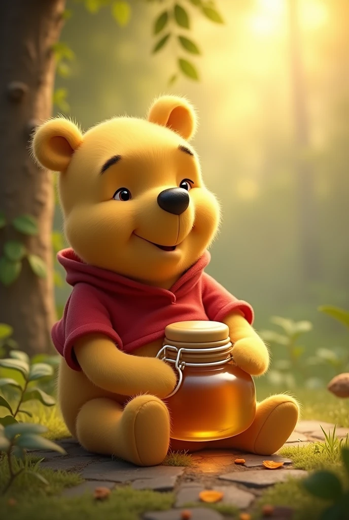 Create a realistic winnie the pooh wallpaper, tender and with his jar of honey