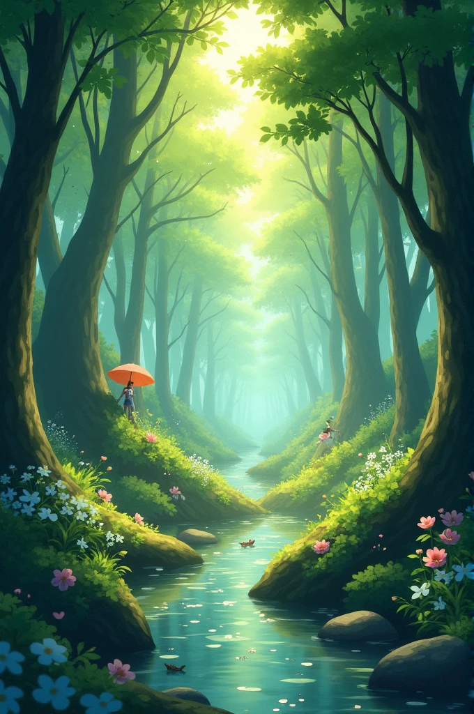 Anime-like forest with sunlight coming from the left