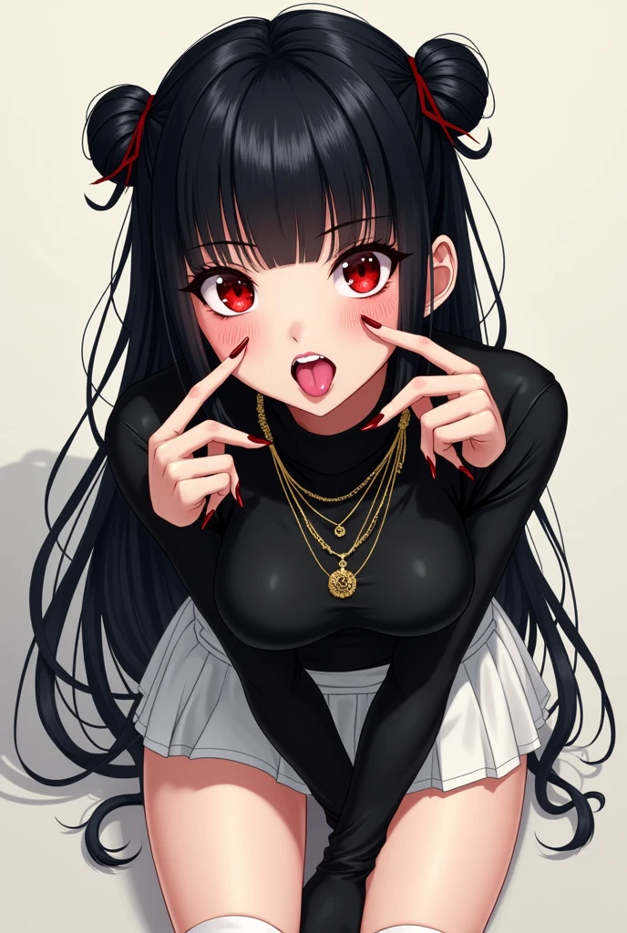 Créer une fille manga avec de longs cheveux noirs et une frange, red eyes, pale skin a black turtleneck and a white skirt, high white socks, golden necklaces, red luscious lips, de longs cils, long red nails, she is facing forward with two fingers of her left hand on each side of her mouth and sticking out her tongue she is leaning slightly forward with her thighs tight and her right hand behind her back. She has two small high pigtails in her hair.