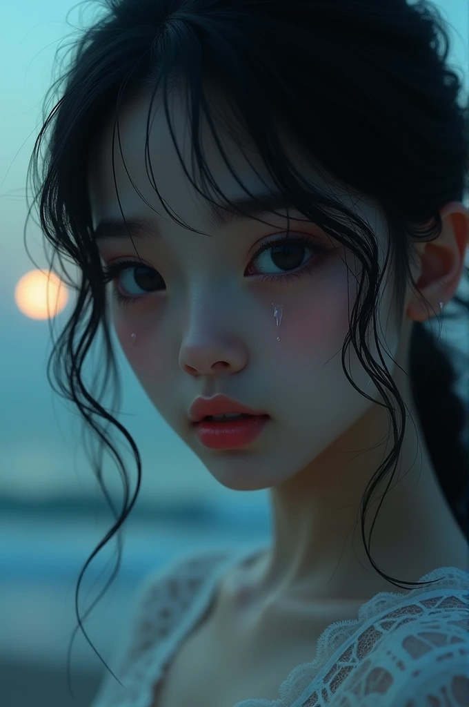 A pretty, cute and slightly sexy girl。Tears flowing。The background is the sea at night。The wind is blowing。