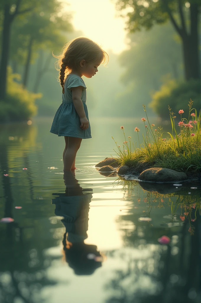 A picture of a young girl (alma) stop on the bank of a river, looking at his reflection in the water, with a curious and searching expression on his face.
