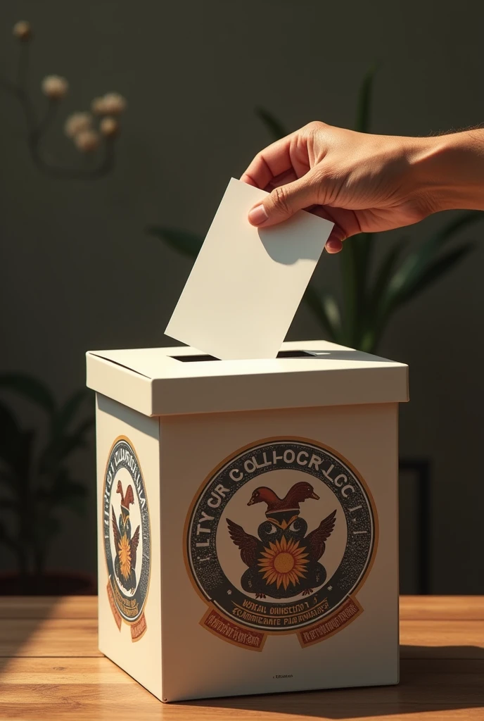 A ballot box with a hand depositing a vote, symbolizing the direct exercise of sovereignty by the people. Colombian