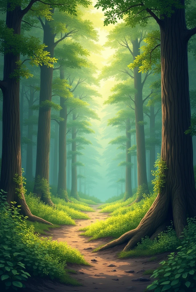 I would like the design to capture the natural and peaceful atmosphere of the forest., with a color palette that includes varied greens, browns and some touches of light that imitate the sun&#39;s rays filtering through the trees. If possible, It would be great to include elements like trees, leaves, perhaps a trail or some flowers and fauna to complement the scene.

The style must be realistic, but it must convey the feeling of being immersed in a forest environment.