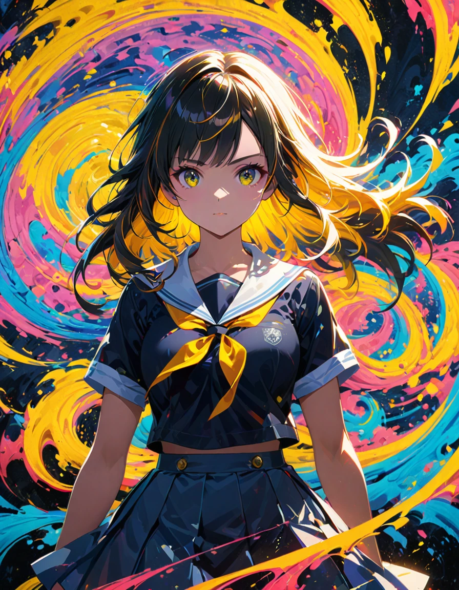 detailed textures, high quality, high resolution, high precision, realism, color correction, correct lighting settings, harmonious composition. An abstract, colorful anime-style illustration of a girl in a school uniform. Her silhouette is composed of dynamic, swirling patterns and vibrant circles. The background is a solid, bright yellow, creating a striking contrast with the intricate, multi-colored design of the girl --ar 3:4 --style raw --niji 6