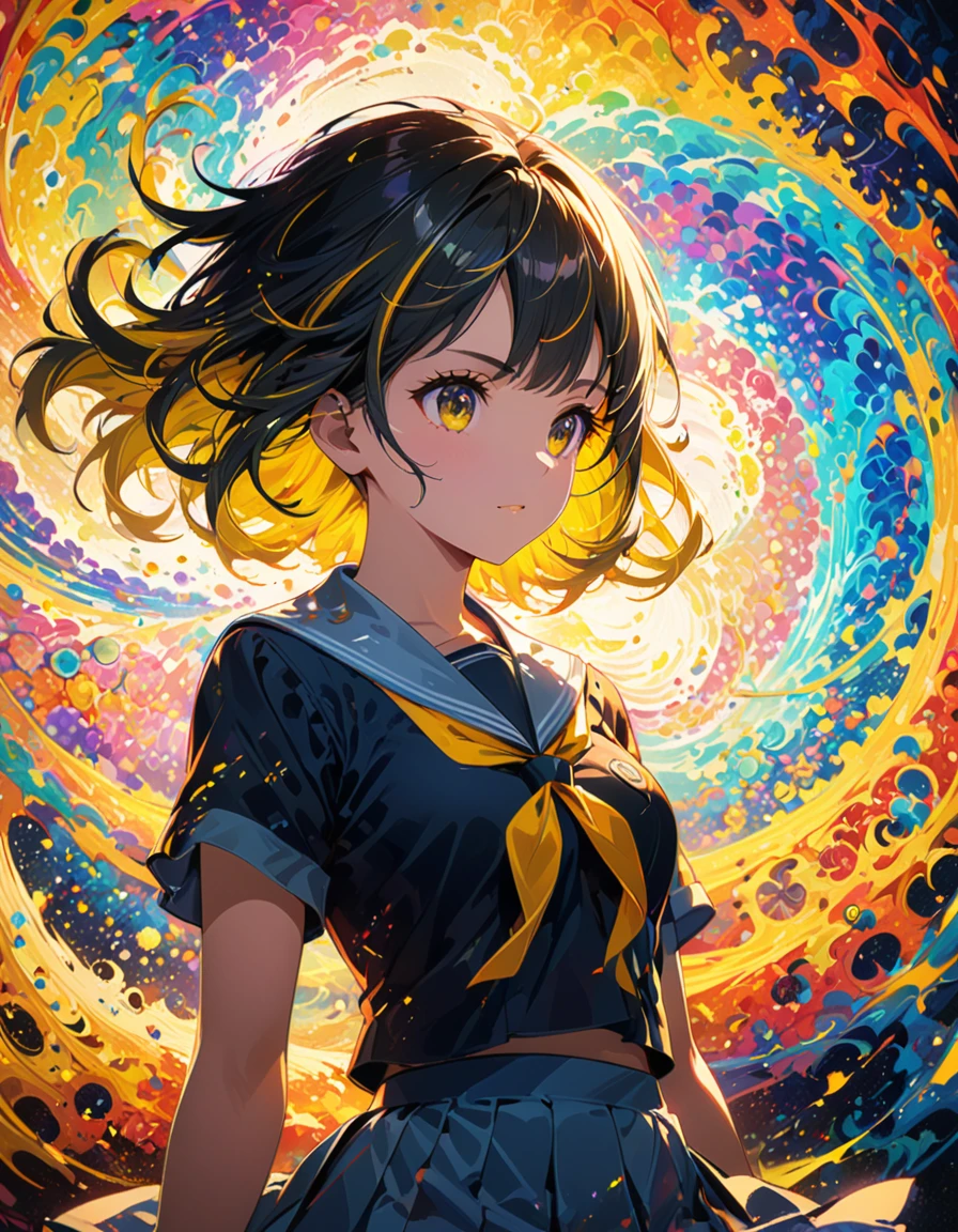 detailed textures, high quality, high resolution, high precision, realism, color correction, correct lighting settings, harmonious composition. An abstract, colorful anime-style illustration of a girl in a school uniform. Her silhouette is composed of dynamic, swirling patterns and vibrant circles. The background is a solid, bright yellow, creating a striking contrast with the intricate, multi-colored design of the girl --ar 3:4 --style raw --niji 6