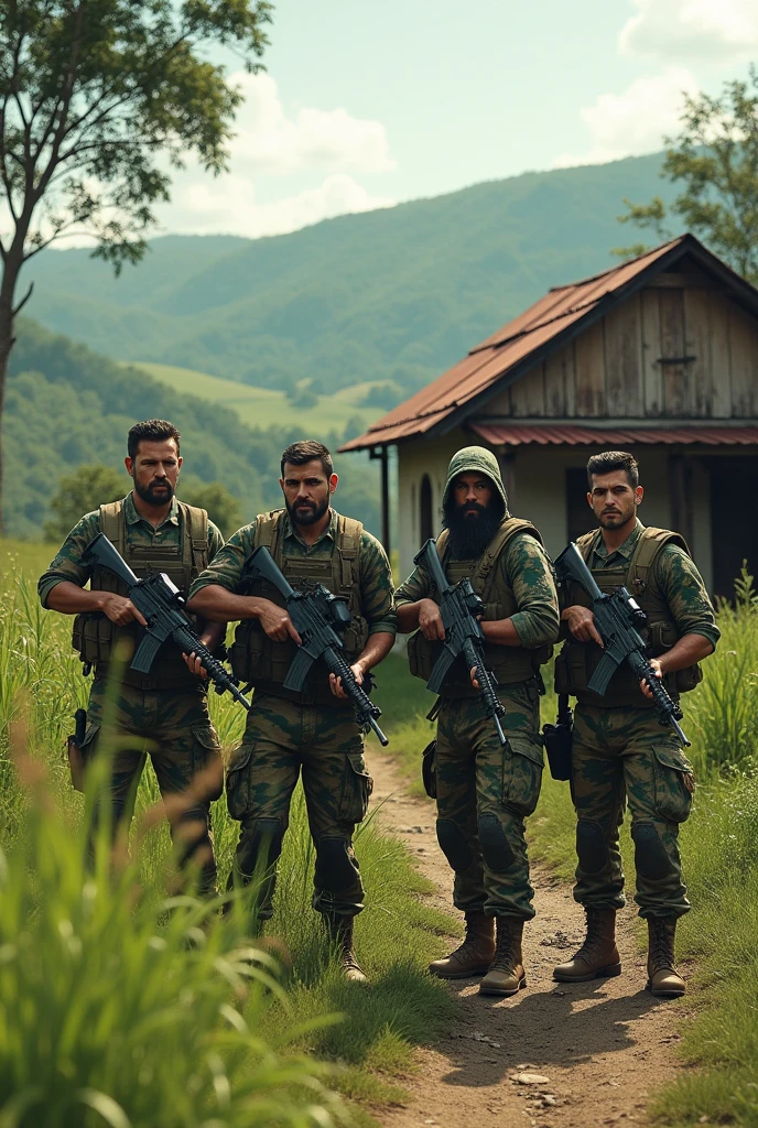 Draw four guerrillas with rifles next to a house in the countryside