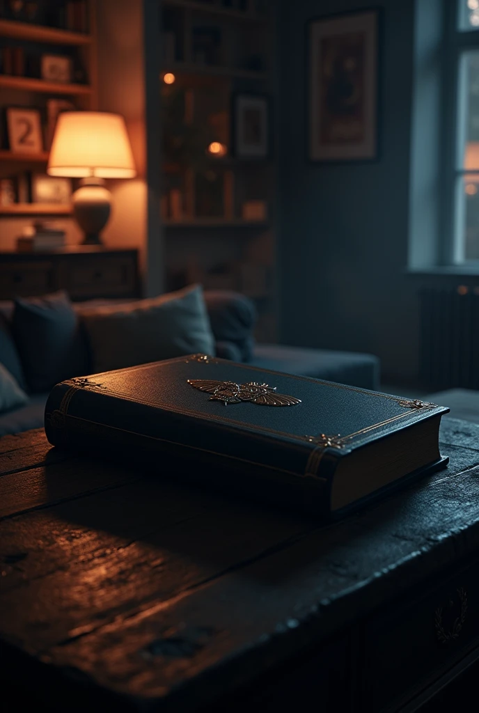 A black book lies in a cupboard against the background of a dark living room, glint, Shine, in cyberpunk style