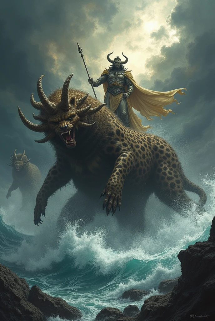 Biblical God killing the beast that came up out of the sea with ten horns, seven heads, the appearance of a leopard, the feet of a bear and the mouth of a lion 
