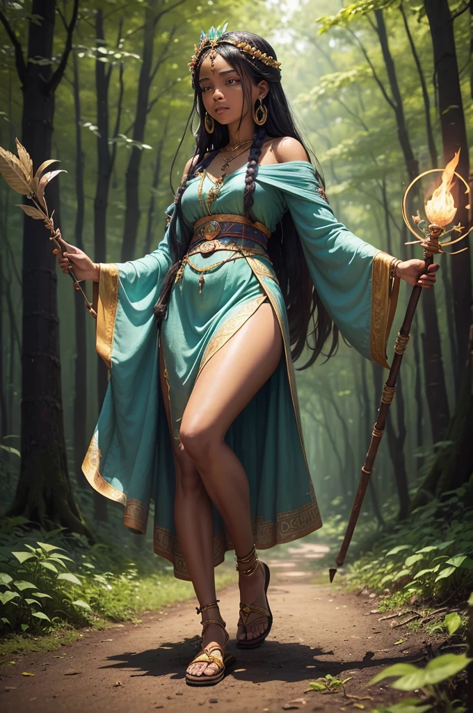 (((Goddess Jurema))) presents itself with vibrant clothing rich in symbolism: a long, flowing dress made from natural fabrics, adorned with patterns representing the flora and fauna of the forest. The predominant colors are green, bright blue and gold, that reflect your connection to the earth and the sun. their hair, long and loose, are decorated with wild flowers and feathers from local birds. At your feet, sandals made of vines and leaves, that seem almost part of the earth itself.
She carries a ritualistic staff, carved from ancient tree wood, with carvings representing forest spirits and symbols of protection. This stick is not just an accessory, but a powerful magical instrument that she uses in her practices.
His working tools include a small clay cauldron, where he mixes herbs and roots to create potions and remedies. Furthermore, Jurema has a leather bag containing enchanted stones, that uses to invoke and direct spiritual energies.
Magic and Powers:
Earth Prayer: Jurema recites ancient incantations that make the earth reverberate in harmony, restoring natural balance and healing areas affected by imbalances or damage.
Vision of the Past: Using your staff, Jurema can visualize past events to better understand the origin of problems or mysteries, helping to bring hidden secrets to light.
Flame of Purification: She lights a ritualistic fire that purifies and transforms negative energies into positive ones., promoting healing and spiritual renewal.
Communion with the Spirits: Jurema summons protective spirits of the forest for advice and assistance, establishing deep communication with the spiritual world UHD 18K