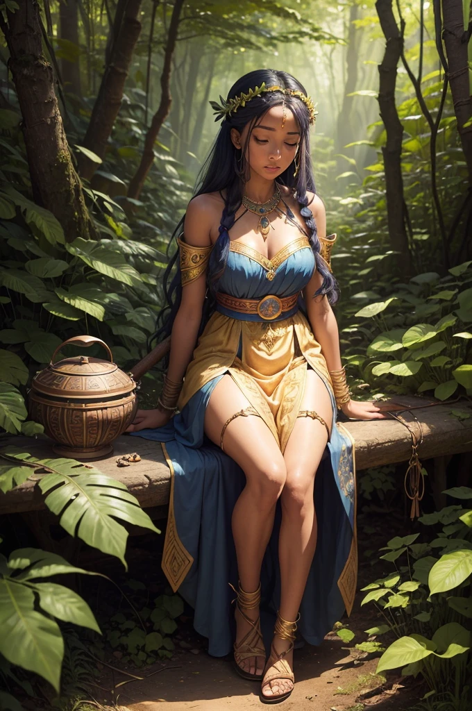 (((Goddess Jurema))) presents itself with vibrant clothing rich in symbolism: a long, flowing dress made from natural fabrics, adorned with patterns representing the flora and fauna of the forest. The predominant colors are green, bright blue and gold, that reflect your connection to the earth and the sun. their hair, long and loose, are decorated with wild flowers and feathers from local birds. At your feet, sandals made of vines and leaves, that seem almost part of the earth itself.
She carries a ritualistic staff, carved from ancient tree wood, with carvings representing forest spirits and symbols of protection. This stick is not just an accessory, but a powerful magical instrument that she uses in her practices.
His working tools include a small clay cauldron, where he mixes herbs and roots to create potions and remedies. Furthermore, Jurema has a leather bag containing enchanted stones, that uses to invoke and direct spiritual energies.
Magic and Powers:
Earth Prayer: Jurema recites ancient incantations that make the earth reverberate in harmony, restoring natural balance and healing areas affected by imbalances or damage.
Vision of the Past: Using your staff, Jurema can visualize past events to better understand the origin of problems or mysteries, helping to bring hidden secrets to light.
Flame of Purification: She lights a ritualistic fire that purifies and transforms negative energies into positive ones., promoting healing and spiritual renewal.
Communion with the Spirits: Jurema summons protective spirits of the forest for advice and assistance, establishing deep communication with the spiritual world UHD 18K
