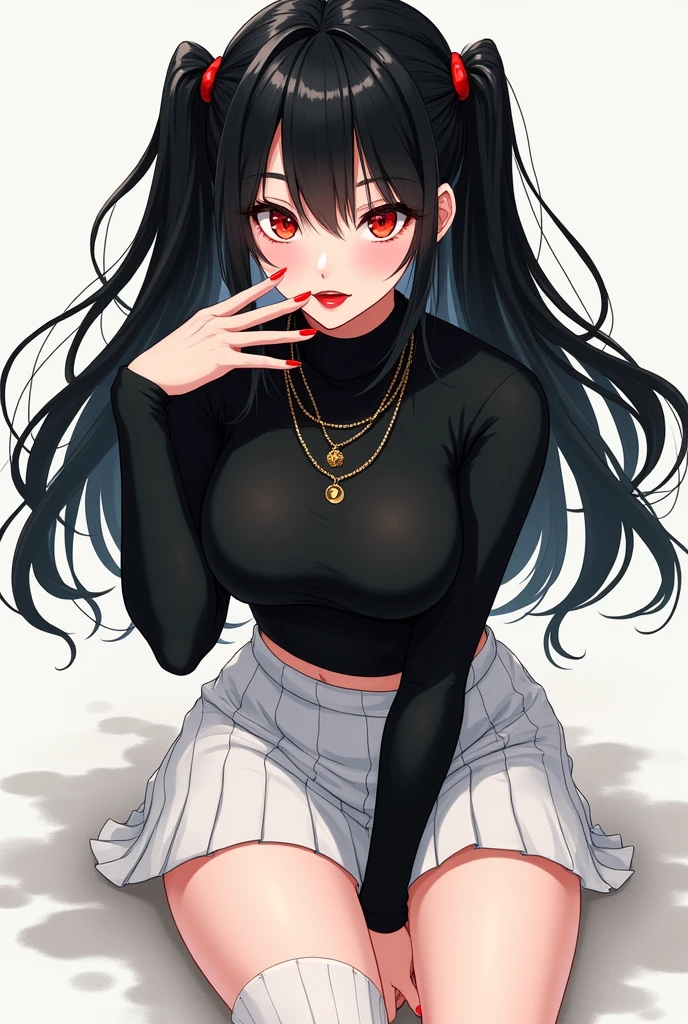Créer une fille manga avec de longs cheveux noirs et une franche, red eyes, pale skin a black turtleneck and a white skirt, high white socks, golden necklaces, red luscious lips, de longs cils, long red nails, she is facing forward with two fingers of her left hand on each side of her mouth and sticking out her tongue she is leaning slightly forward with her thighs tight and her right hand behind her back. She has two small pigtails in her hair.