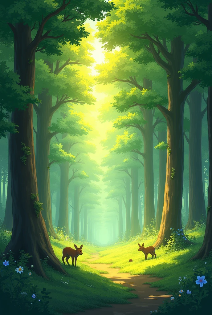 Anime-like forest with sunlight coming from the left, no people, 