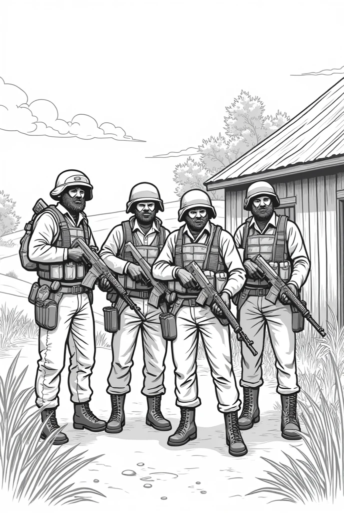 Draw four guerrillas with rifles next to a house in the countryside in a coloring page 