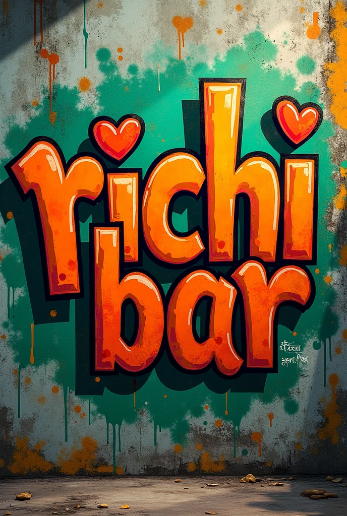 Graffiti style with the words richi bar, orange and green colors predominate, 
